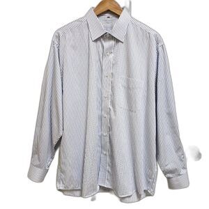 Alexandre London 17" Neck Button Front Shirt Blue White Striped Preppy Office